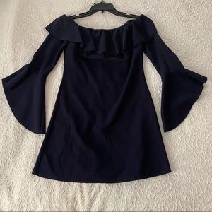 Nice Strapless Navy Blue Dress with Flare Sleeves